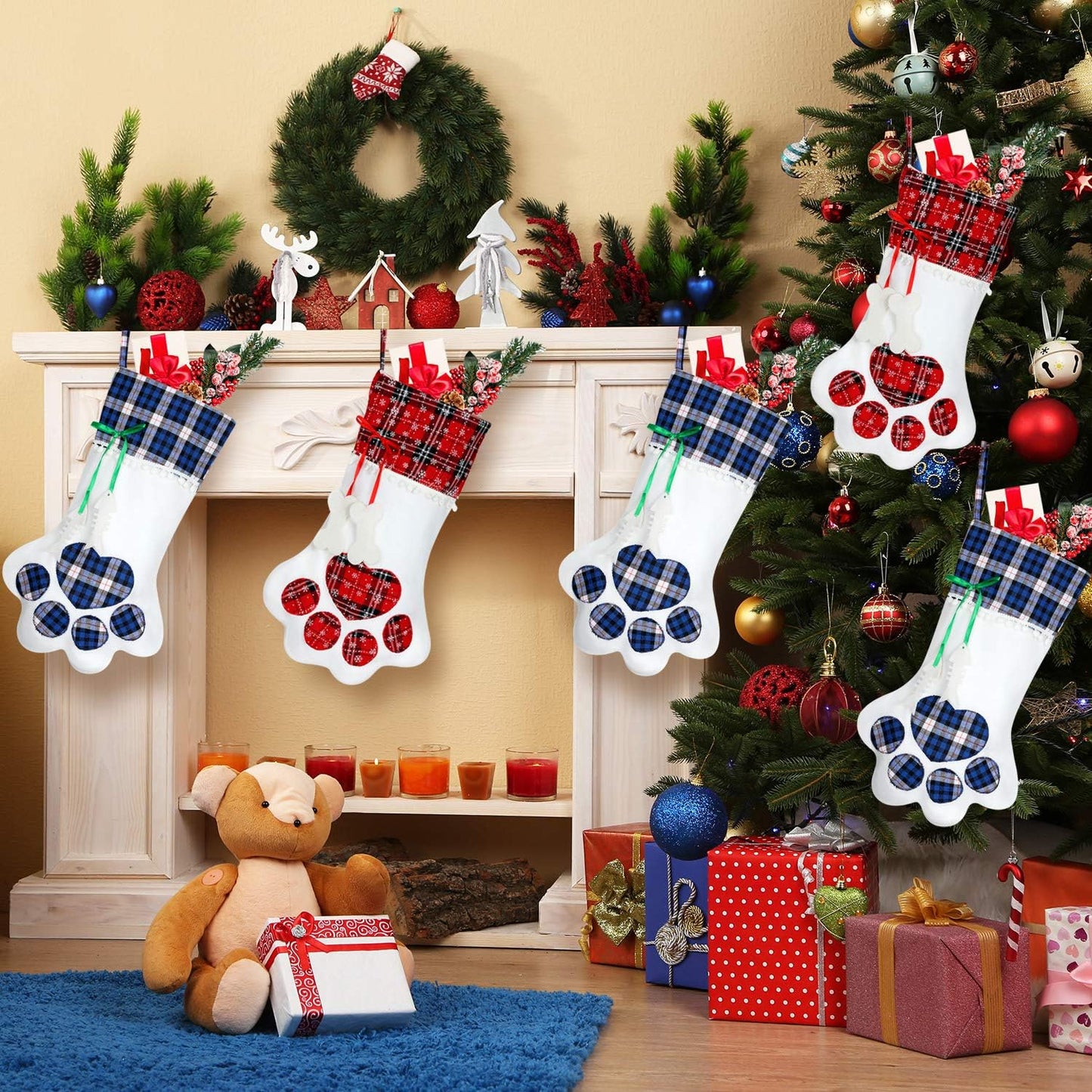 Christmas Pet Stockings Bulk Dog Cat Buffalo Plaid Christmas Stockings 18'' Paw Pattern Fabric Stockings for Xmas Tree Fireplace Hanging Christmas Party Decorations Gift(Red, Blue,2 Pieces)