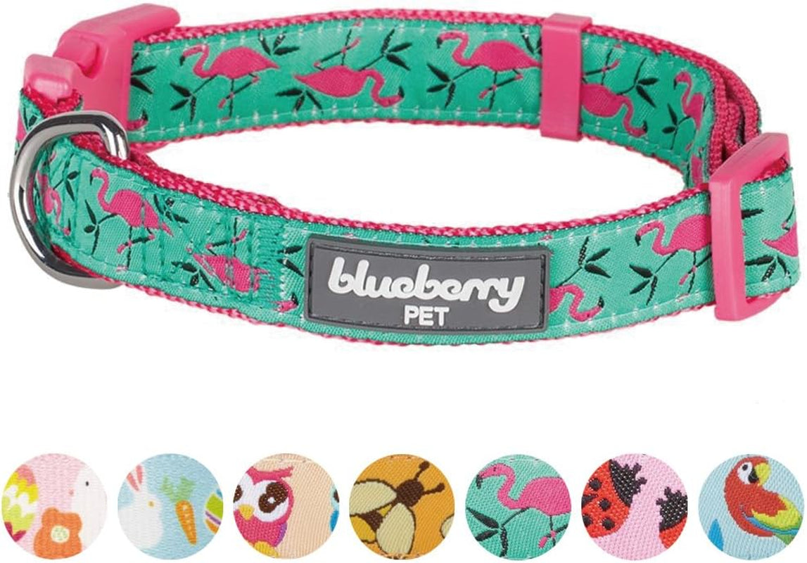 Essentials 10 Patterns Pink Flamingo on Light Emerald Adjustable Dog Collar, Small, Neck 12"-16"