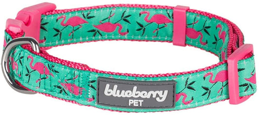 Essentials 10 Patterns Pink Flamingo on Light Emerald Adjustable Dog Collar, Small, Neck 12"-16"