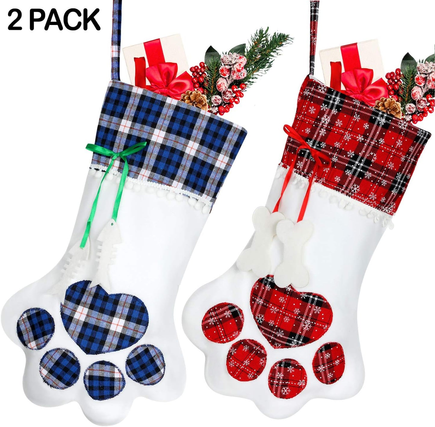 Christmas Pet Stockings Bulk Dog Cat Buffalo Plaid Christmas Stockings 18'' Paw Pattern Fabric Stockings for Xmas Tree Fireplace Hanging Christmas Party Decorations Gift(Red, Blue,2 Pieces)