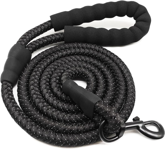 6 FT Black Dog Leash, Strong Rope Leash Heavy Duty Highly Reflective Threads with Soft Padded Handle for Medium Large Dogs- 1/2"