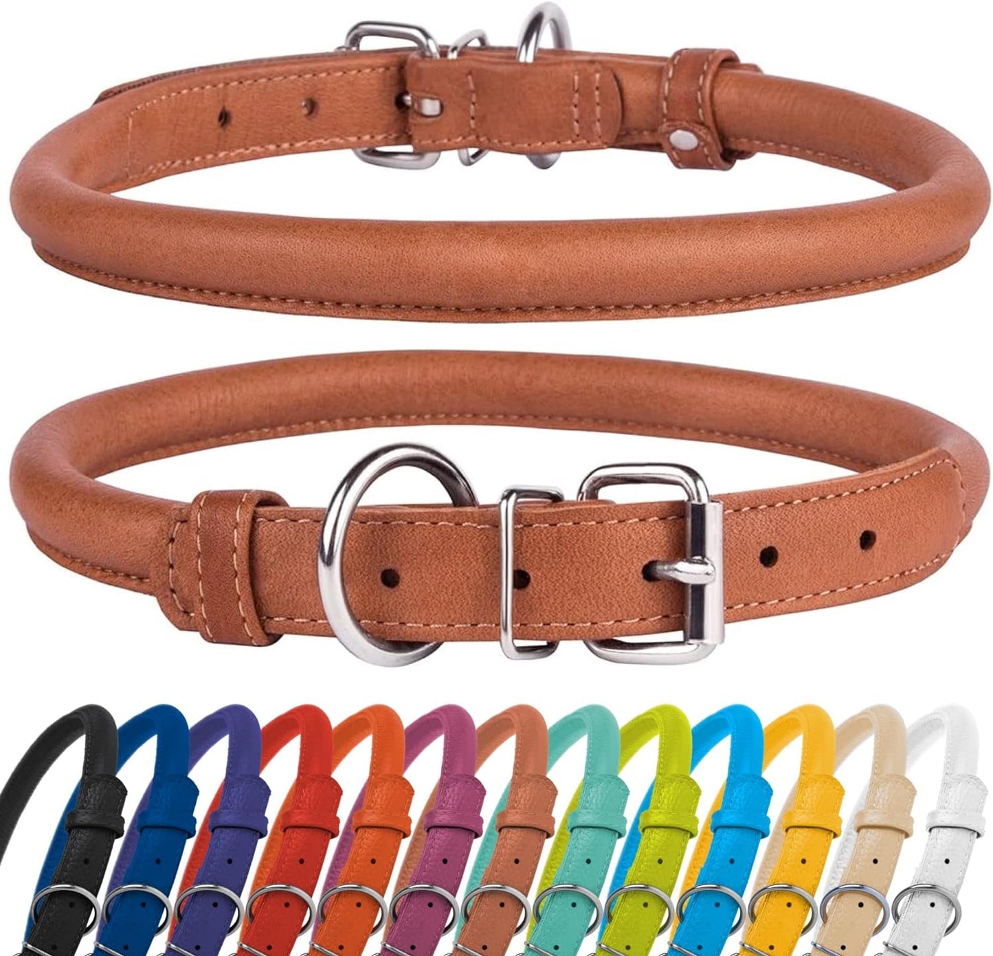 Rolled Leather Dog Collar, Soft Padded round Puppy Collar, Handmade Genuine Leather Collar Dog Small Large Cat Collars 13 Colors (8-11 Inch, Cinnamon Textured)