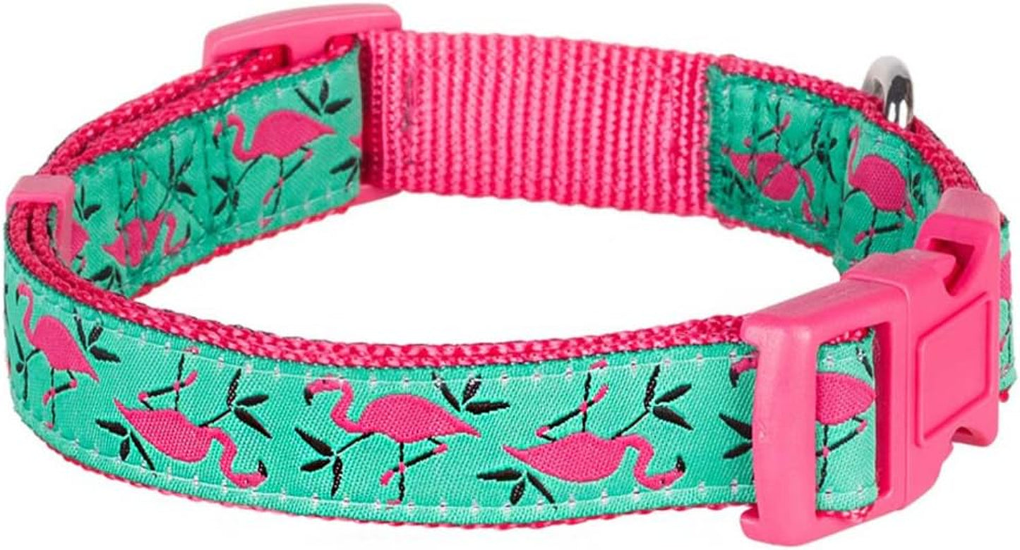 Essentials 10 Patterns Pink Flamingo on Light Emerald Adjustable Dog Collar, Small, Neck 12"-16"