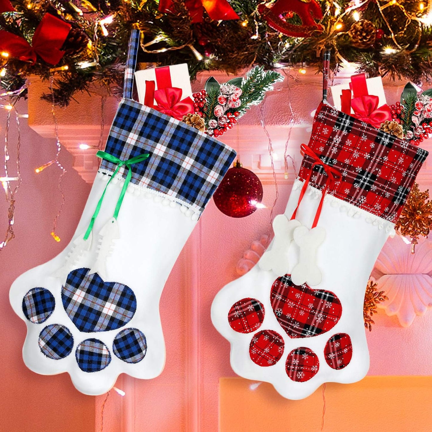 Christmas Pet Stockings Bulk Dog Cat Buffalo Plaid Christmas Stockings 18'' Paw Pattern Fabric Stockings for Xmas Tree Fireplace Hanging Christmas Party Decorations Gift(Red, Blue,2 Pieces)